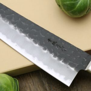 Yoshihiro Kurouchi Super Blue Steel Stainless Clad Santoku Multipurpose Chef Knife (7" (180mm) & Saya, Black Pakkawood Handle)