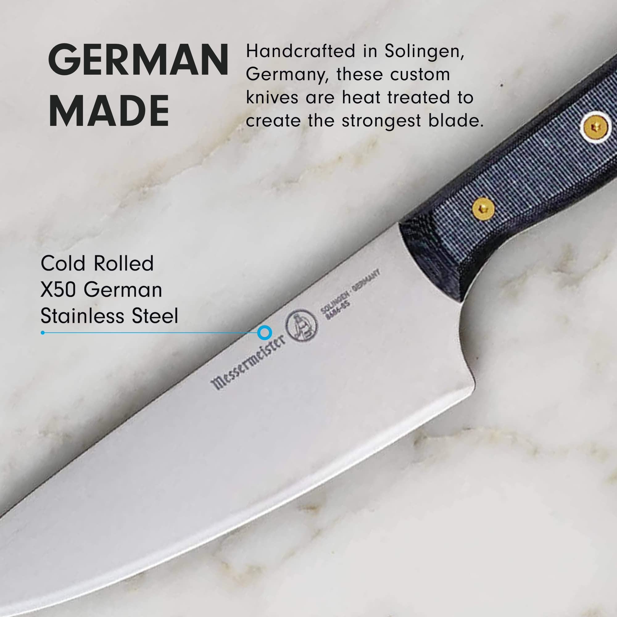 Messermeister Custom 8” Chef’s Knife - X50 German Stainless Steel - Rust Resistant & Easy to Maintain - Made in Solingen, Germany