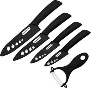 kitchen ceramic knife set professional knife with sheaths, super sharp rust proof stain resistant (6" chef knife, 5" utility knife, 4" fruit knife, 3" paring knife, one peeler)