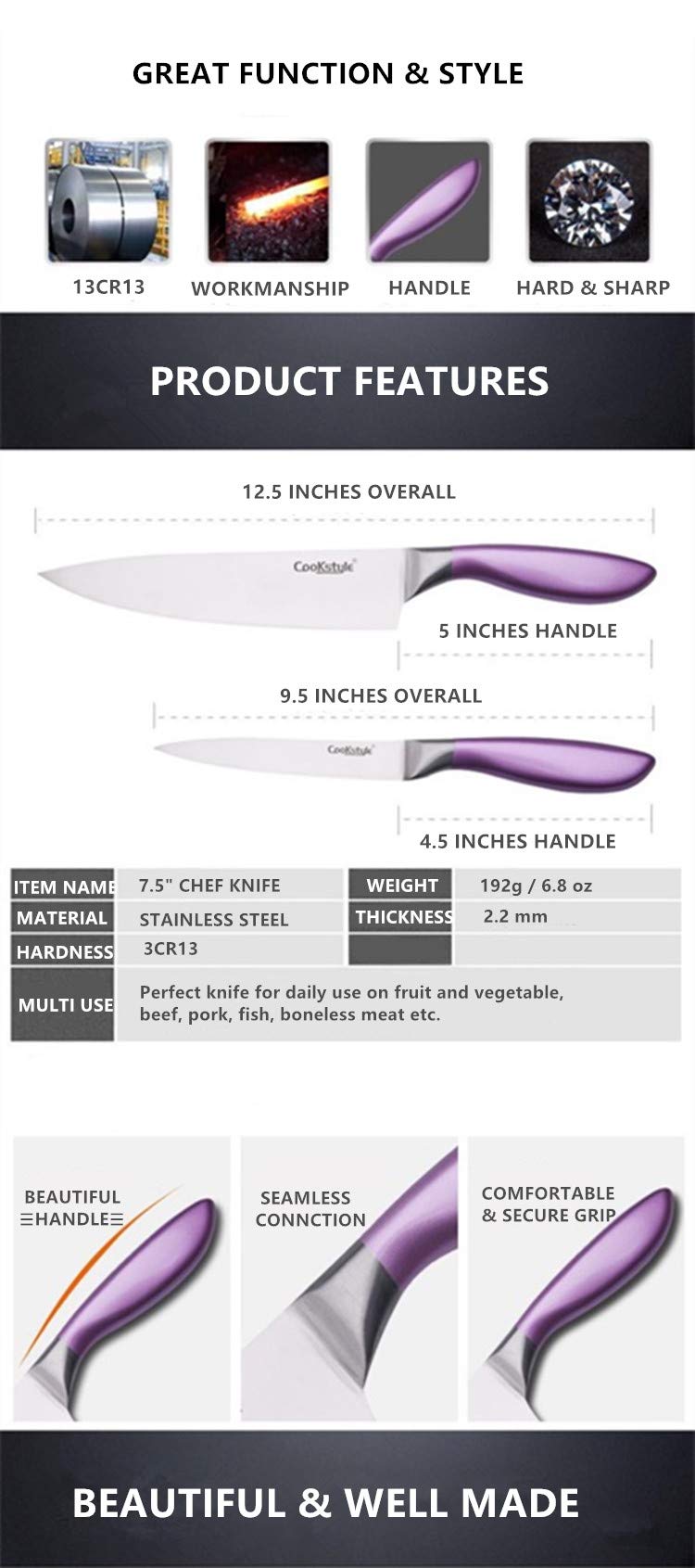 Premium Kitchen Knife 8" Chef Knife Sharp Stainless Steel Blade Beautiful Purple Handle, Peeler, Utility, Paring Vegetable, and Peeling (8 Inch)