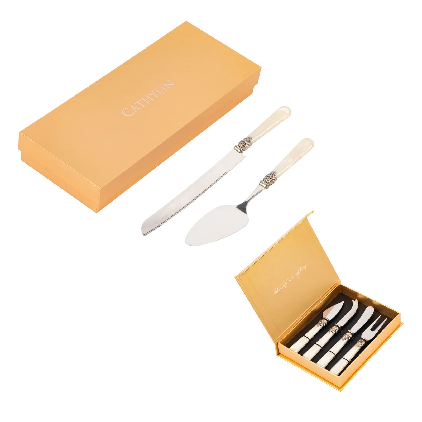 CATHYLIN REVERIE Collection Wedding Cake Knife and Server Set and 4-Piece Cheese Tool Set