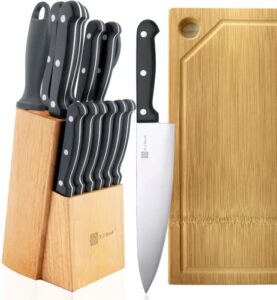 t.j koch knife set 15 pcs with block cutting board kitchen knives set 8" chef slicing bread 5" utility 3½" paring 4½" steak knives x 6 sharpener steel