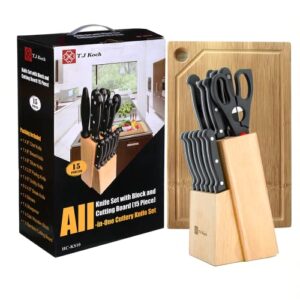 T.J Koch Knife Set 15 Pcs with Block Cutting Board Kitchen Knives Set 8" Chef Slicing Bread 5" Utility 3½" Paring 4½" Steak Knives x 6 Sharpener Steel