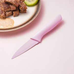 3.5 Inch Small Paring Knife with Sheath Non Stick Serrated Paring Knife set Pink Steak Knife Beautiful Kitchen Knife for Women Pink & Purple Combo (Set of 2 PINK PLAIN + SERRATED BLADE)