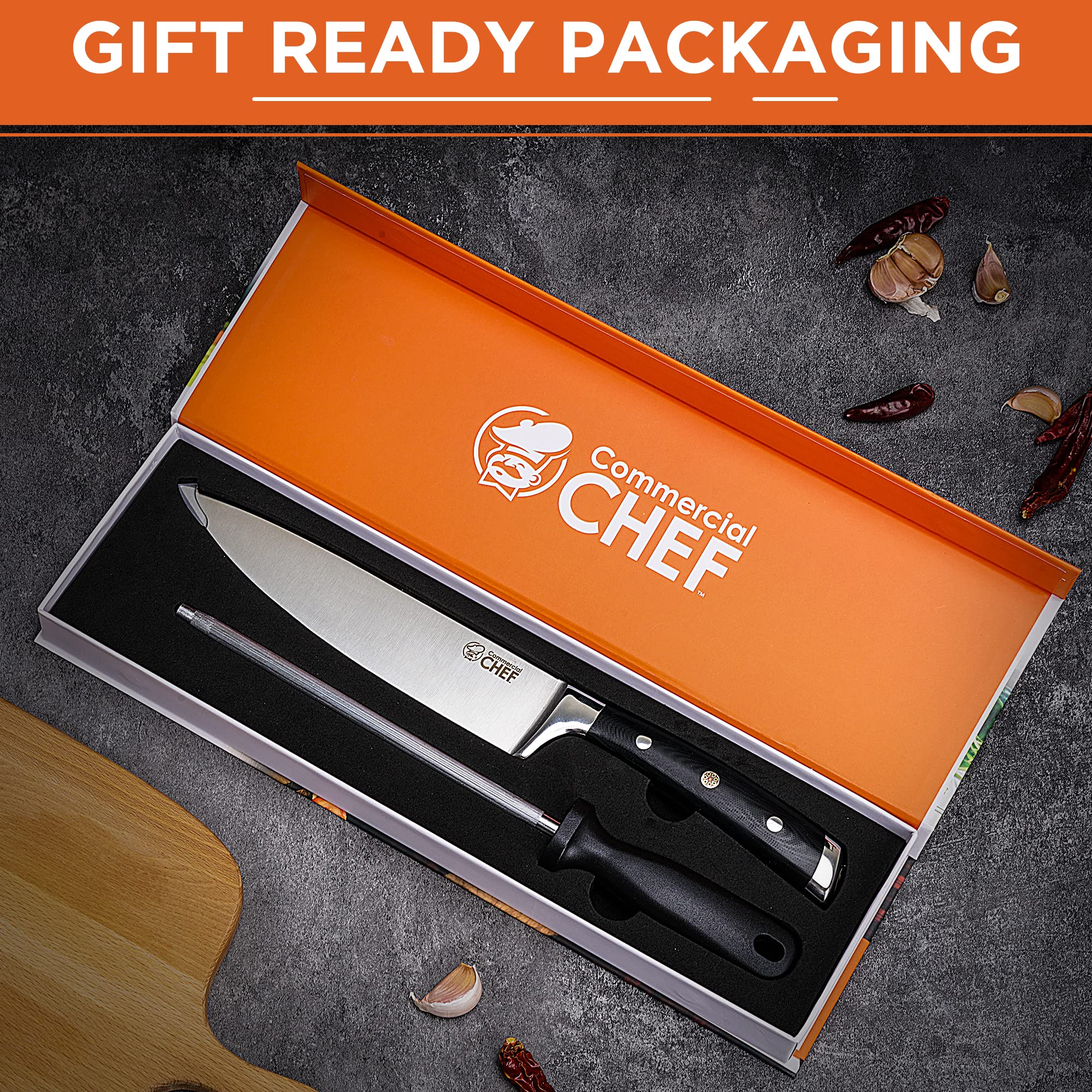 Commercial CHEF Professional Chef Knife with Sharpener - 8 Inch Chef's Knives - Well Balanced Full Tang Ultra Sharp Kitchen Knife - High Carbon Stainless Steel - Long Lasting Cooking Knife - Gift Box
