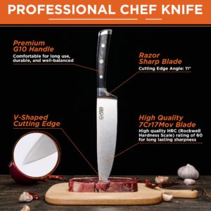 Commercial CHEF Professional Chef Knife with Sharpener - 8 Inch Chef's Knives - Well Balanced Full Tang Ultra Sharp Kitchen Knife - High Carbon Stainless Steel - Long Lasting Cooking Knife - Gift Box