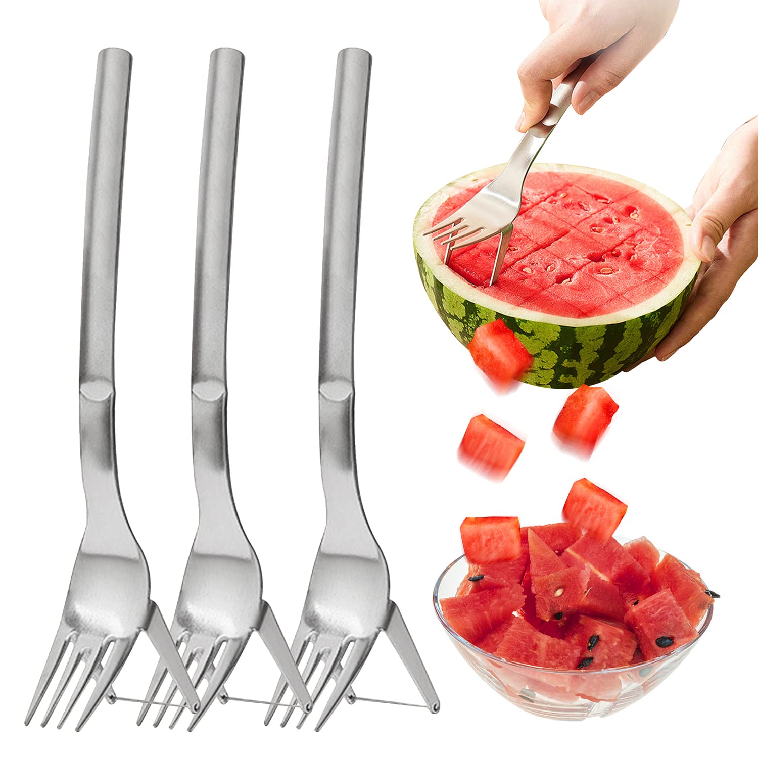 Abnaok 3PCS Watermelon Slicer Cutter, 2-in-1 Watermelon Fork Slicer, Summer Watermelon Cutting Artifact, Stainless Steel Fruit Forks Slicer Knife for Family Parties Camping