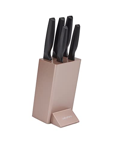 WILTSHIRE Knife Block Including 5 Knives, Paring Knife, Utility Knife, Cook’s Knife, Bread Knife, Carving Knife, Tapered Grinding Blade: Black Plastic Handle