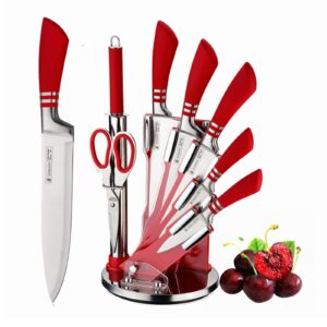 8-piece kitchen knife set with rotary stand, sharpener, scissors, stainless steel knife sets with hollow horseshoe handle, wear-resistant and durable (red)