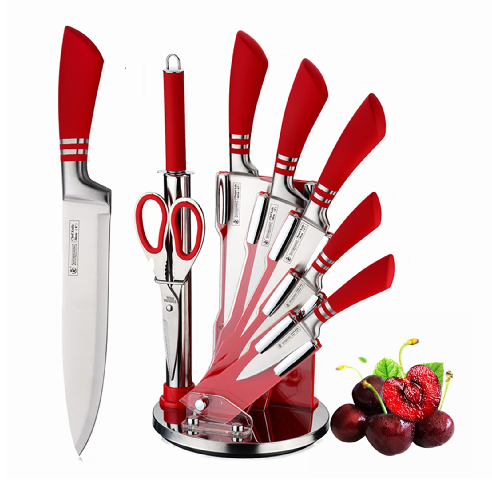 8-Piece Kitchen Knife Set With Rotary Stand, Sharpener, Scissors, Stainless Steel Knife Sets with Hollow Horseshoe Handle, Wear-Resistant and Durable (Red)