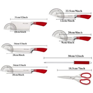 8-Piece Kitchen Knife Set With Rotary Stand, Sharpener, Scissors, Stainless Steel Knife Sets with Hollow Horseshoe Handle, Wear-Resistant and Durable (Red)