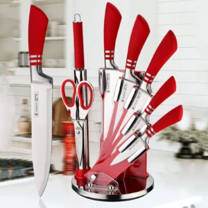 8-Piece Kitchen Knife Set With Rotary Stand, Sharpener, Scissors, Stainless Steel Knife Sets with Hollow Horseshoe Handle, Wear-Resistant and Durable (Red)