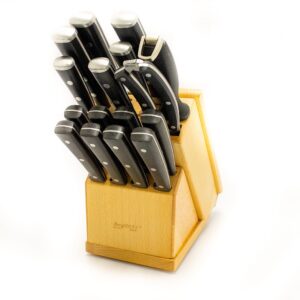 berghoff 20 piece forged smart knife block/swivel base, cut board & herb cutter, tan