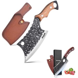 huusk collectible knives bundle meat knife & carved meat cleaver knife hand forged butcher knife with leather sheath and gift box