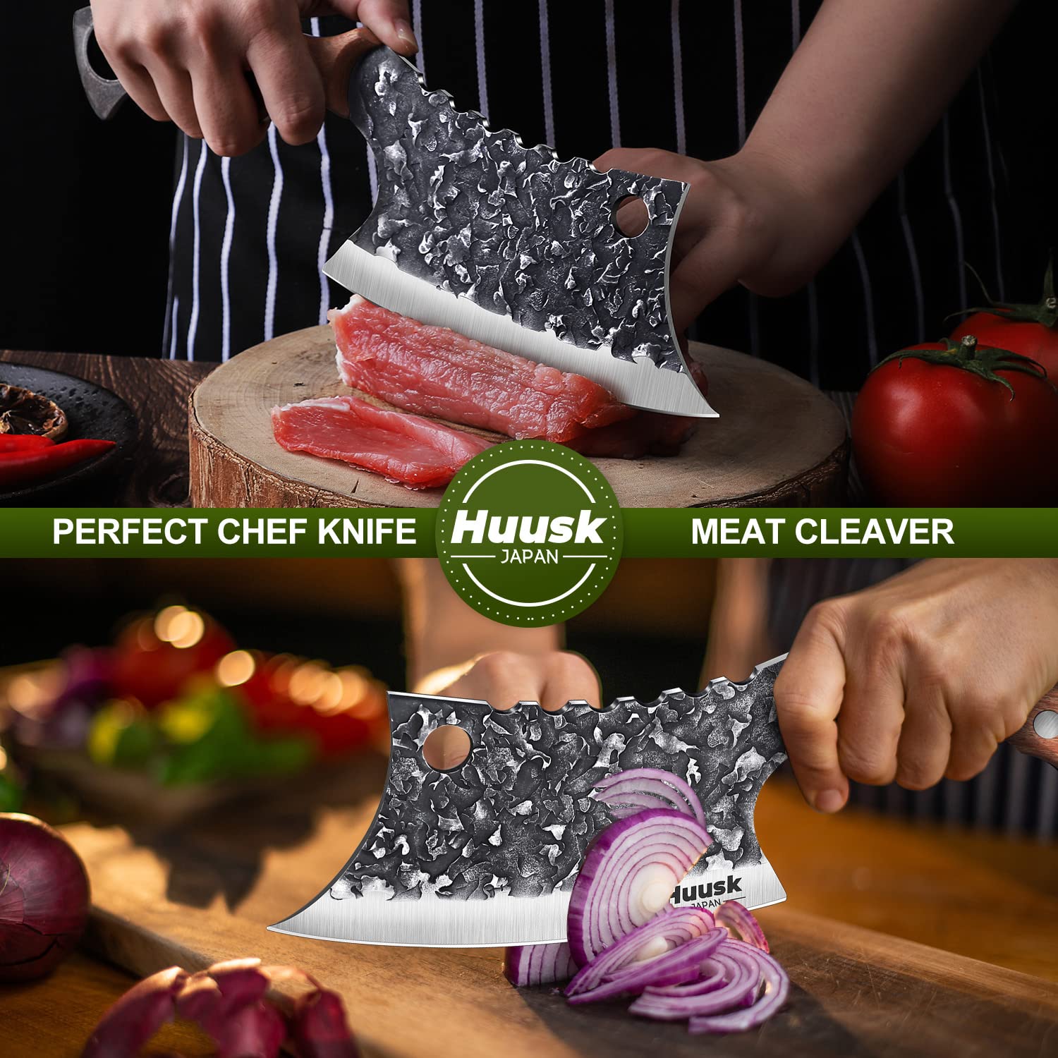 Huusk Collectible Knives Bundle Meat Knife & Carved Meat Cleaver Knife Hand Forged Butcher Knife with Leather Sheath and Gift Box