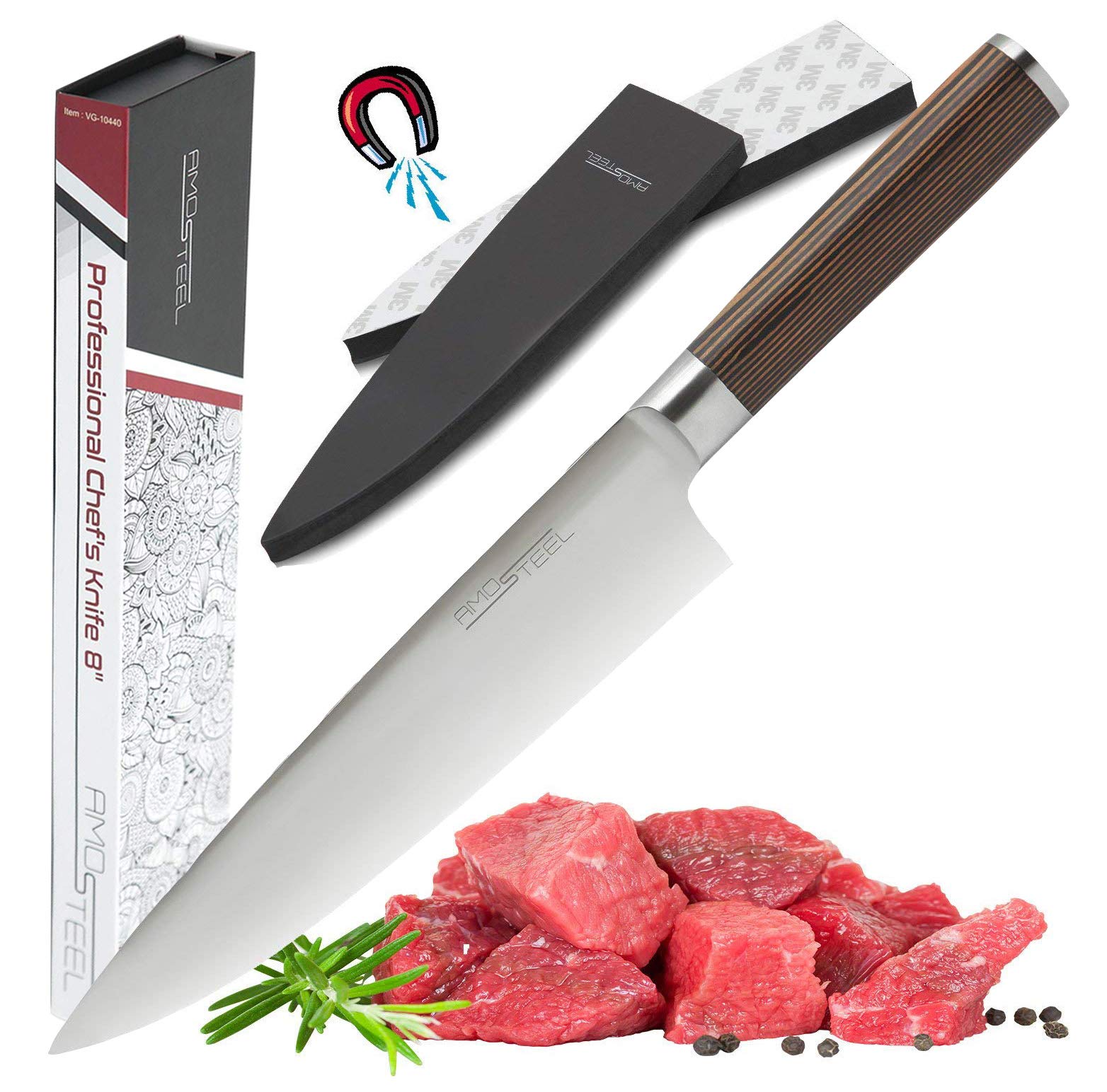 Premium Chef Knife Japanese Style 8 Inch - Multipurpose Balanced Ultra Sharp Professional Carbon Stainless Steel GERMAN Blade Ergonomic Wood Handle Wasabi Knife Set + Magnetic Holder by Amosteel