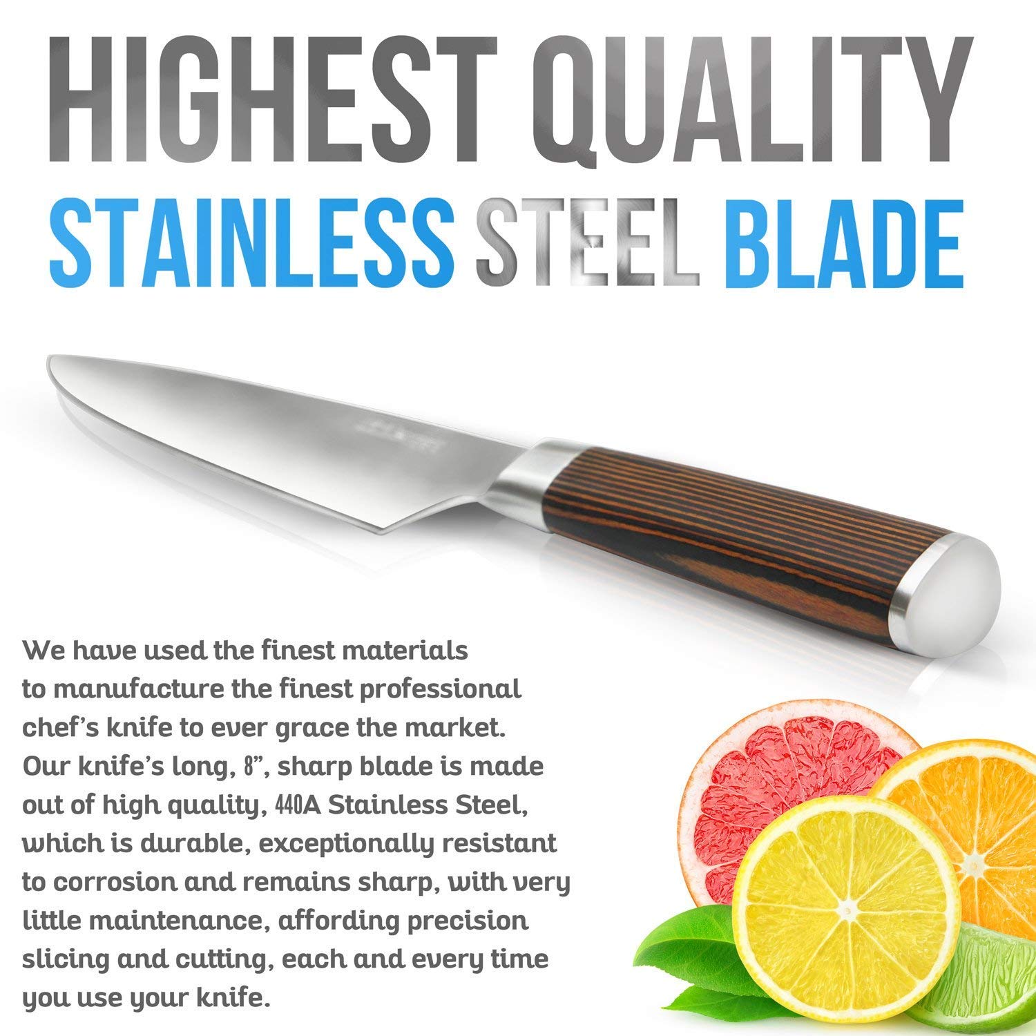 Premium Chef Knife Japanese Style 8 Inch - Multipurpose Balanced Ultra Sharp Professional Carbon Stainless Steel GERMAN Blade Ergonomic Wood Handle Wasabi Knife Set + Magnetic Holder by Amosteel