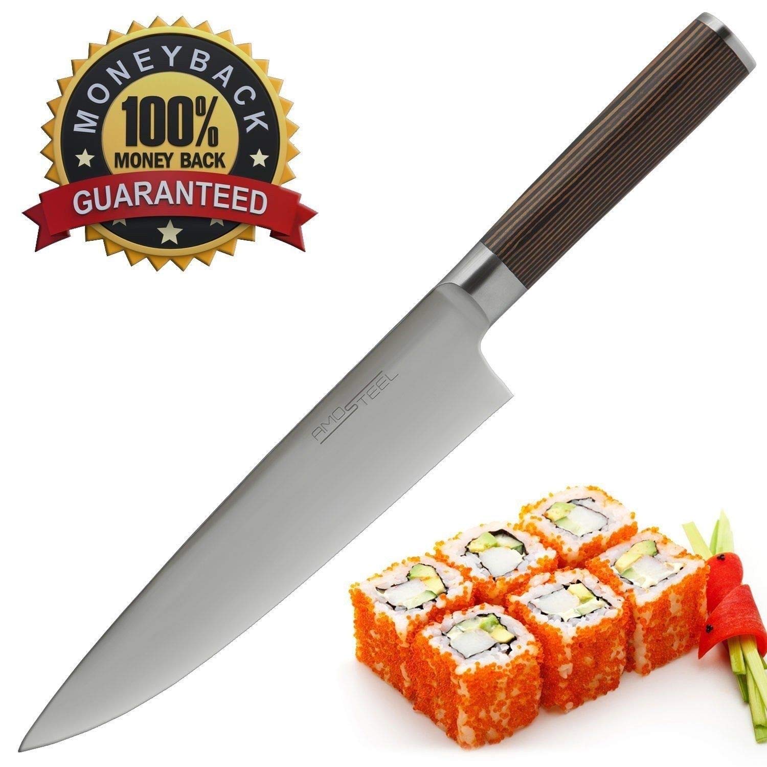 Premium Chef Knife Japanese Style 8 Inch - Multipurpose Balanced Ultra Sharp Professional Carbon Stainless Steel GERMAN Blade Ergonomic Wood Handle Wasabi Knife Set + Magnetic Holder by Amosteel