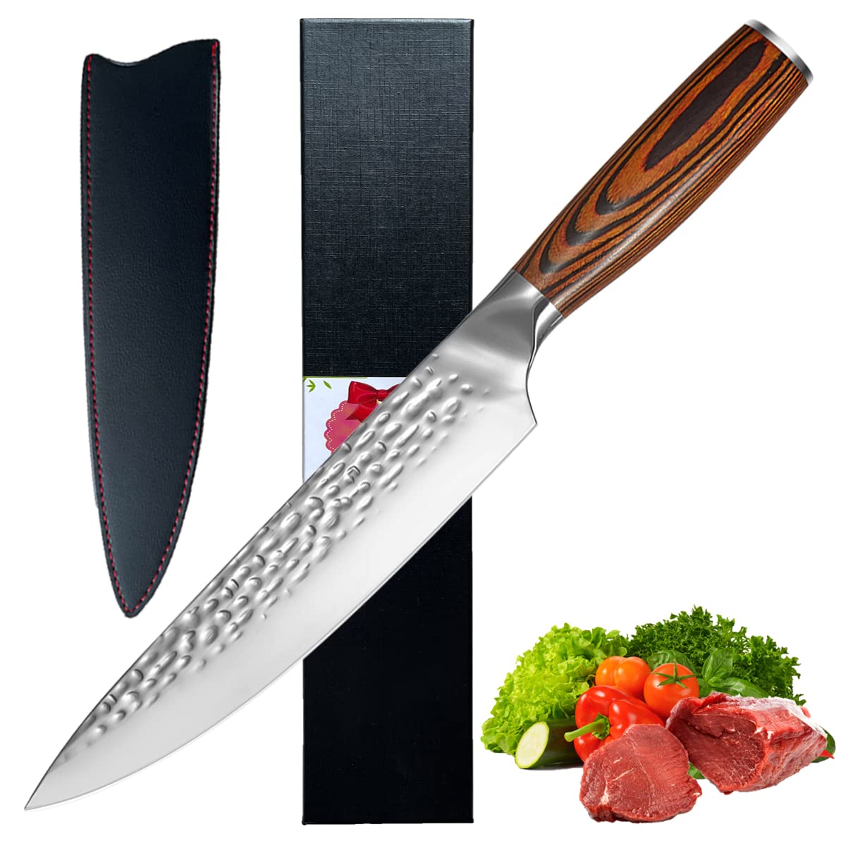 Chef Knife, Super Sharp 7.5 inch Professional Chef's Knife with Pakkawood Handle, VG-5 Stainless Steel, Kitchen Meat Vegetable Knife with Leather Sheath and Gift Box