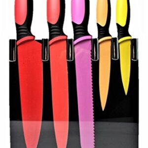 Kitchenson 3CR14 Stainless Steel Nonstick Multi-Color Professional Cutlery Set with 5 knives and 1 Clear Acrylic Stand 8.25” x 8.5”, Red, Pink, Orange and Yellow, 6 Piece Total