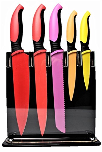 Kitchenson 3CR14 Stainless Steel Nonstick Multi-Color Professional Cutlery Set with 5 knives and 1 Clear Acrylic Stand 8.25” x 8.5”, Red, Pink, Orange and Yellow, 6 Piece Total