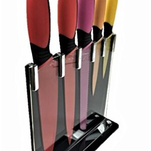 Kitchenson 3CR14 Stainless Steel Nonstick Multi-Color Professional Cutlery Set with 5 knives and 1 Clear Acrylic Stand 8.25” x 8.5”, Red, Pink, Orange and Yellow, 6 Piece Total