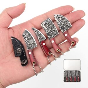 coitak damascus pocket knife set, mini chef knife set, tiny keychain knife with sheath for package opener box cutter, set of 4