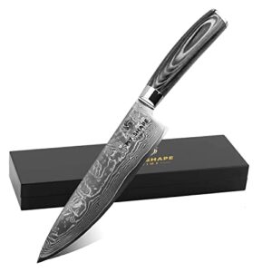 damascus chef knife 8 inch japanese professional 67 layer high carbon super sharp kitchen cooking knife, ergonomic ebonywood handle with gift box - anti-rusting forged cutlery knife