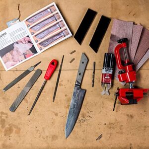 Chef Knife Making Kit – Featuring VG-10 Damascus Steel, Stylish Micarta Handles, Rasps, Files, Portable Bench Vise & More – Includes Step-by-Step Knife Making Guide