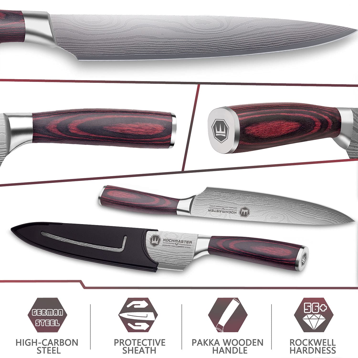 KOCHMASTER Chef Knife Professional 8" ,Kitchen Knife Ultra Sharp with Sheath,Made of High Carbon German Steel and Pakka Wood Handle with Gift Box Packing,The Ideal Choice for Kitchen & Restaurant