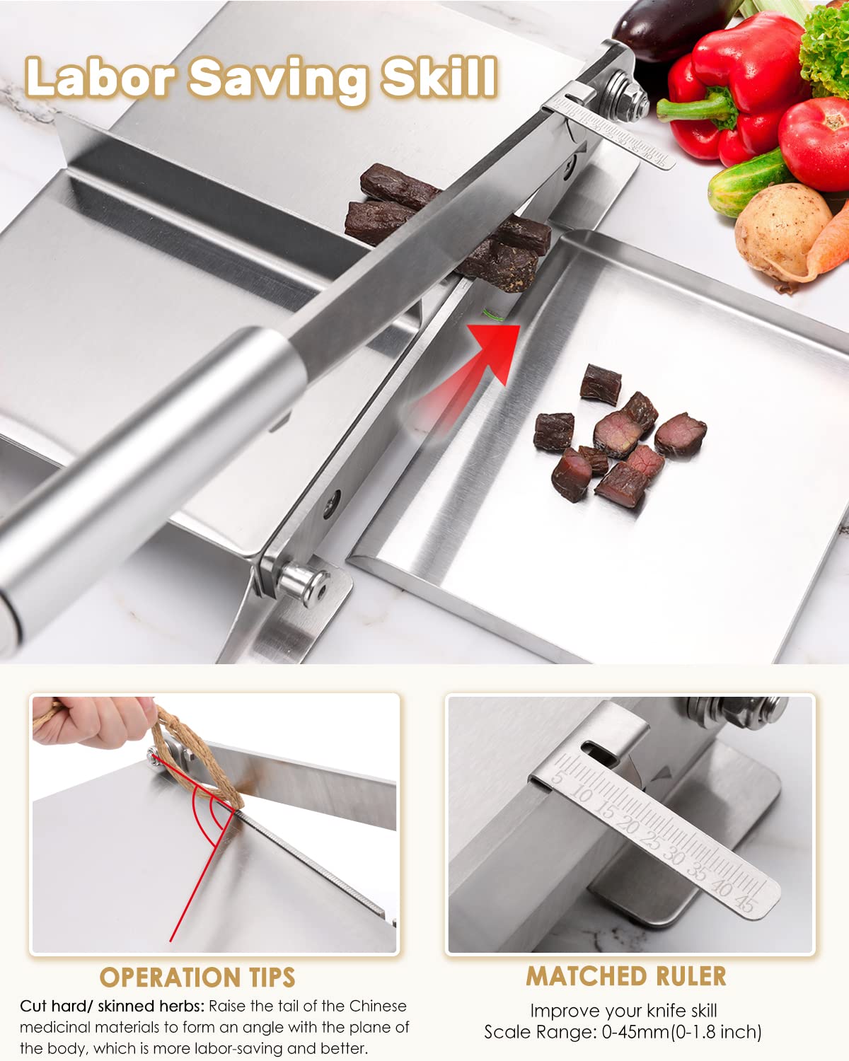 Moongiantgo Biltong Slicer Manual Meat Slicer Cutter with Scale Stainless Steel Cutting Machine Hand Herb Root Slicer for Salami Ham Bacon Vegetables Deli Ginseng Fish (KD0270)