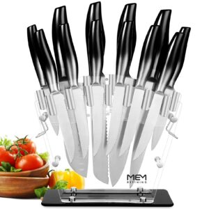 knife set, 12 pcs kitchen knife sets with block, stainless steel 6 steak knives, chef's knife, carving knife, santoku knife, bread knife, utility knife and paring knife with acrylic stand, black