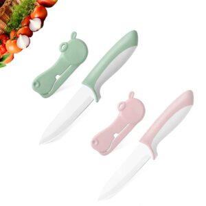 VSL VANSLENSON 2 Piece Kitchen Knife Set 4” Paring Knife with Sheath + Serrated Peeler Non Stick Ceramic Blade Stylish Hippo knife Pink Combo (Pink + Green Hippo)