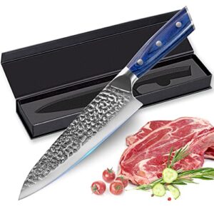 chef knife, 8 inch professional kitchen knife, high carbon stainless steel sharp knife, super sharp chefs knives with ergonomic handle and gift box for family and restaurant, chef gifts, blue