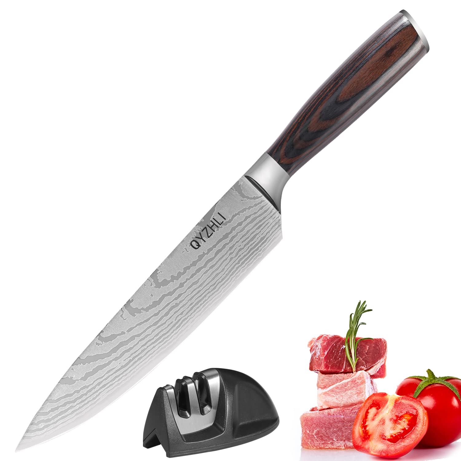 QYZHLI Chef Knife - 8 Inch Damascus Knife Professional Kitchen Knife Chef's Knife 5CR15MOV Stainless Steel,With Knife Sharpener