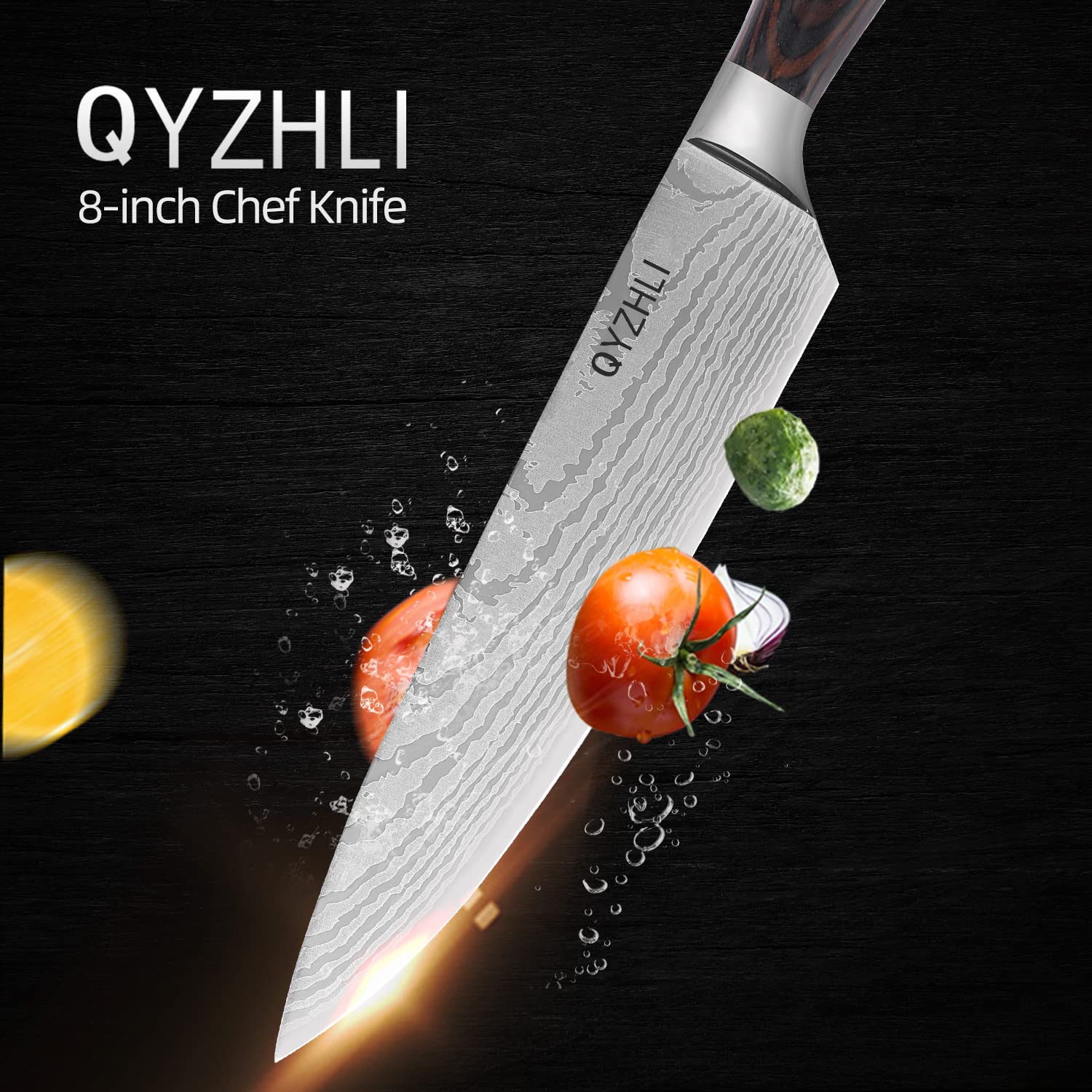 QYZHLI Chef Knife - 8 Inch Damascus Knife Professional Kitchen Knife Chef's Knife 5CR15MOV Stainless Steel,With Knife Sharpener