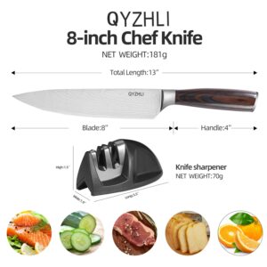 QYZHLI Chef Knife - 8 Inch Damascus Knife Professional Kitchen Knife Chef's Knife 5CR15MOV Stainless Steel,With Knife Sharpener