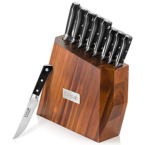 CUTLUXE 4 Pcs Steak Knife Set & 8 Pcs Knife Block Set– Forged High Carbon German Steel – Full Tang & Razor Sharp – Ergonomic Handle Design – Artisan Series