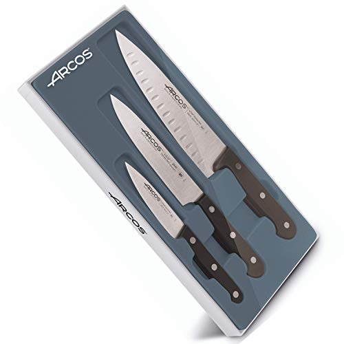 ARCOS Knife Set 3 pieces - Nitrum Stainless Steel and mm blade. Professional Kitchen Knife for Cooking. 590 gr. Ergonomic Polyoxymethylene POM Handle. Series Universal. Greater control. Color Black.