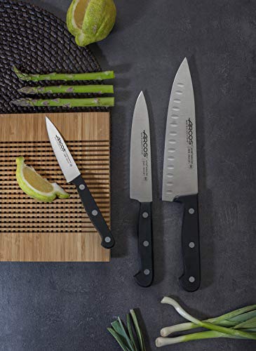 ARCOS Knife Set 3 pieces - Nitrum Stainless Steel and mm blade. Professional Kitchen Knife for Cooking. 590 gr. Ergonomic Polyoxymethylene POM Handle. Series Universal. Greater control. Color Black.