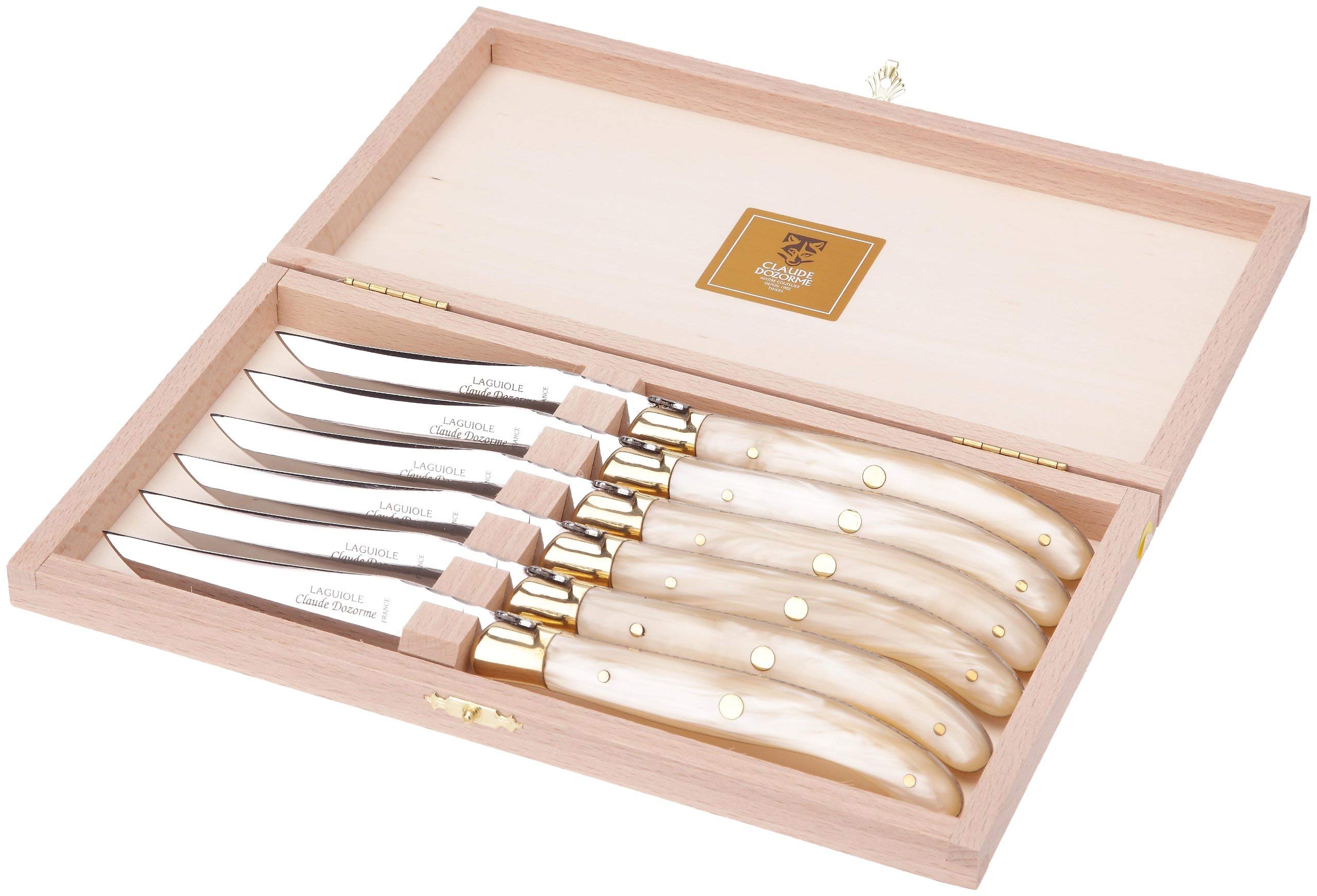 Laguiole Excellence boxed set of 6 natural Nacrine handle knives