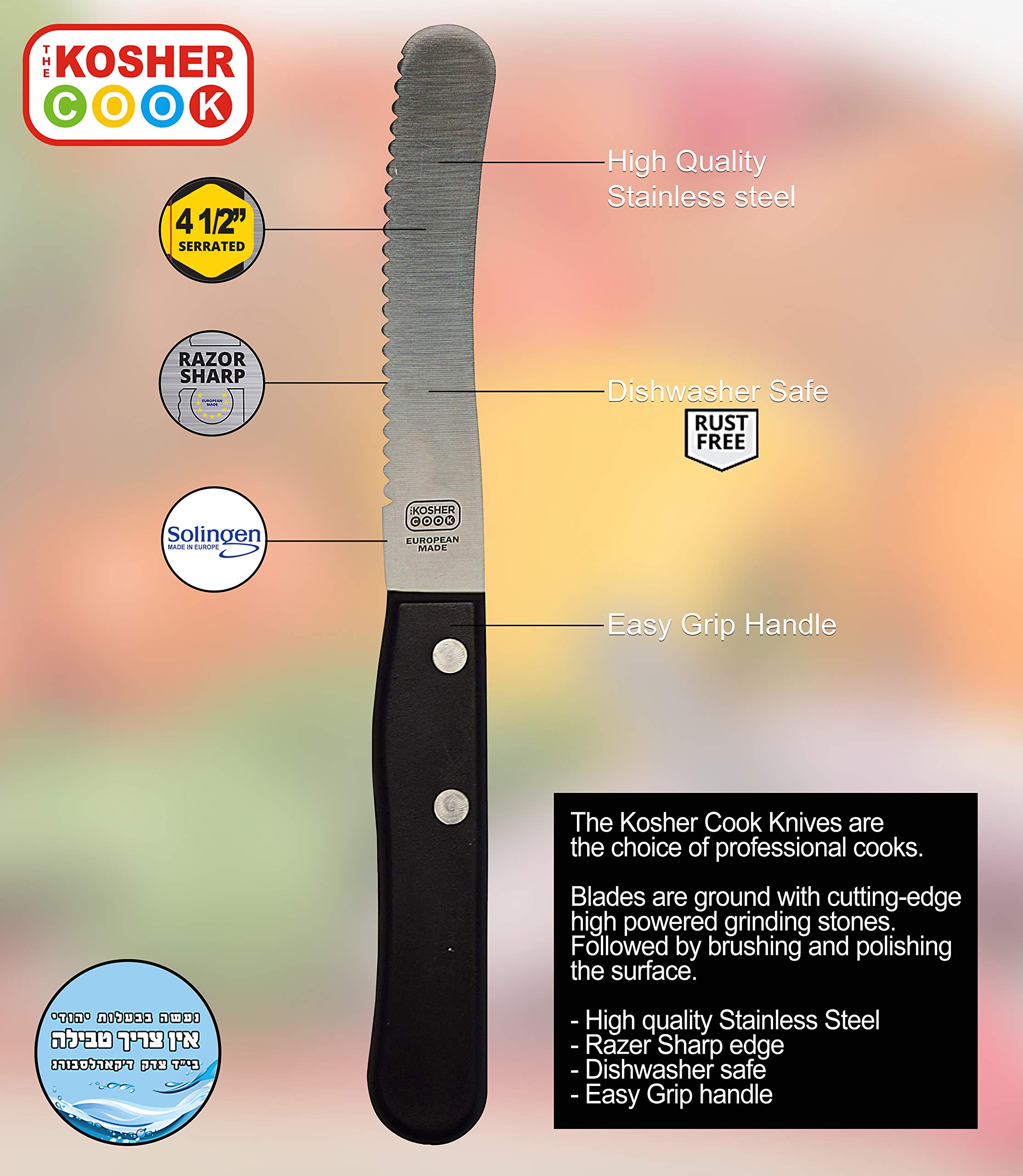 The Kosher Cook Black Spreading Knife - 4.5” Serrated Spreading Kitchen Knife - Color Coded Kitchen Tools