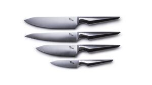 edge of belgravia arondight stainless steel chef knife set with erogonomic grip | paring knife, 6” chef’s knife, bread knife, and 7.5” chef’s knife. (metallic,pack of 4)
