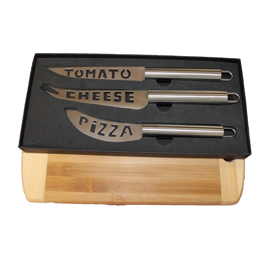 Merchandise Unlimited 3 Piece Sharp Gourmet Custom Knife Set, Tomato, Cheese, Pizza & Bamboo Cutting Board Included!!!