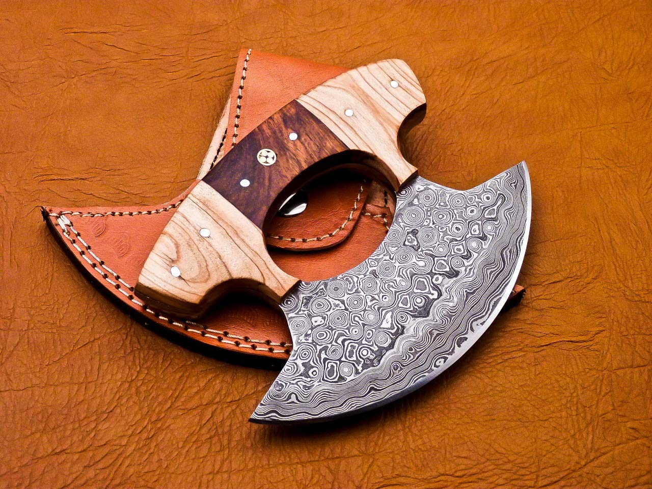 Handmade Damascus Chef Kitchen Ulu Knife Making Custom 100% Handmade Damascus Steel Handle Koa Wood with Leather Sheath B41