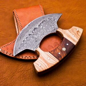 Handmade Damascus Chef Kitchen Ulu Knife Making Custom 100% Handmade Damascus Steel Handle Koa Wood with Leather Sheath B41