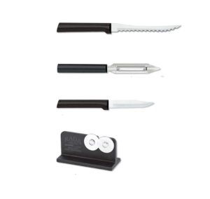 rada cutlery top seller’s kit knives – includes paring knife, tomato slicer, vegetable peeler with black stainless steel resin handles plus quick edge knife sharpener