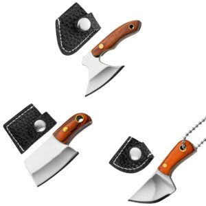 damascus pocket knife set, mini axe with sheath chef knife edc knives small knife cleaver - set of 3