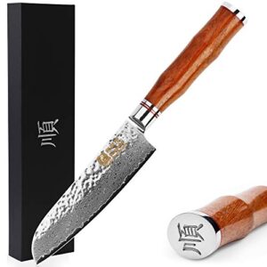 sunlong santoku 5 inch chef's knives japanese hammered damascus natural bloodwood handle