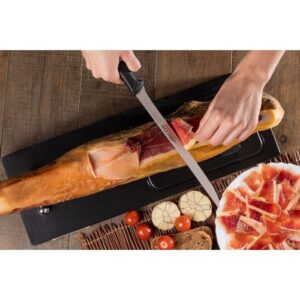 ARCOS Slicing Knife / Ham Knife 10 Inch Nitrum Stainless Steel and 240 mm blade. Ergonomic Polyoxymethylene POM Handle. Series Menorca. Handle made of lightbluish polypropylene. Color Black.